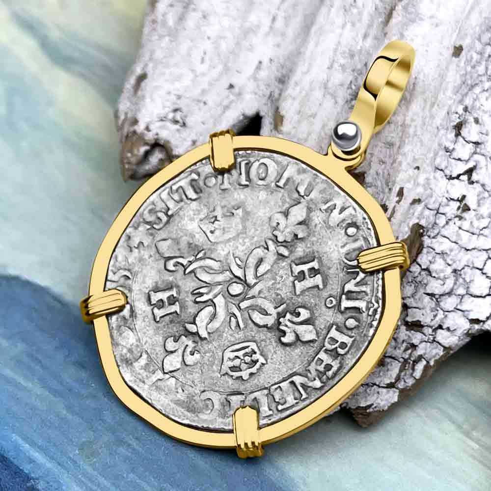 Medieval France 1552 Douzain aux Croissants Silver Cross Coin 14K Gold Pendant 