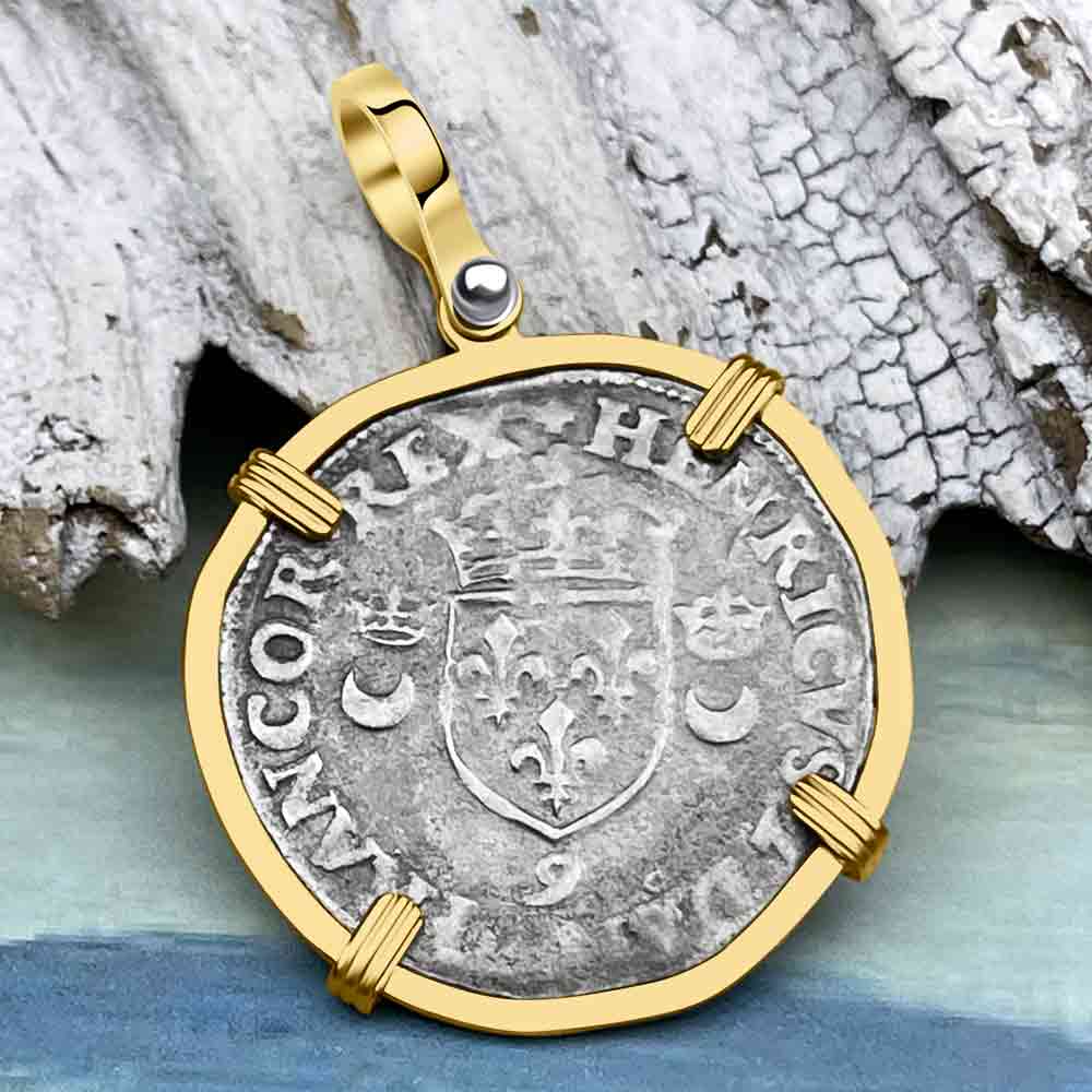 Medieval France 1552 Douzain aux Croissants Silver Cross Coin 14K Gold Pendant 