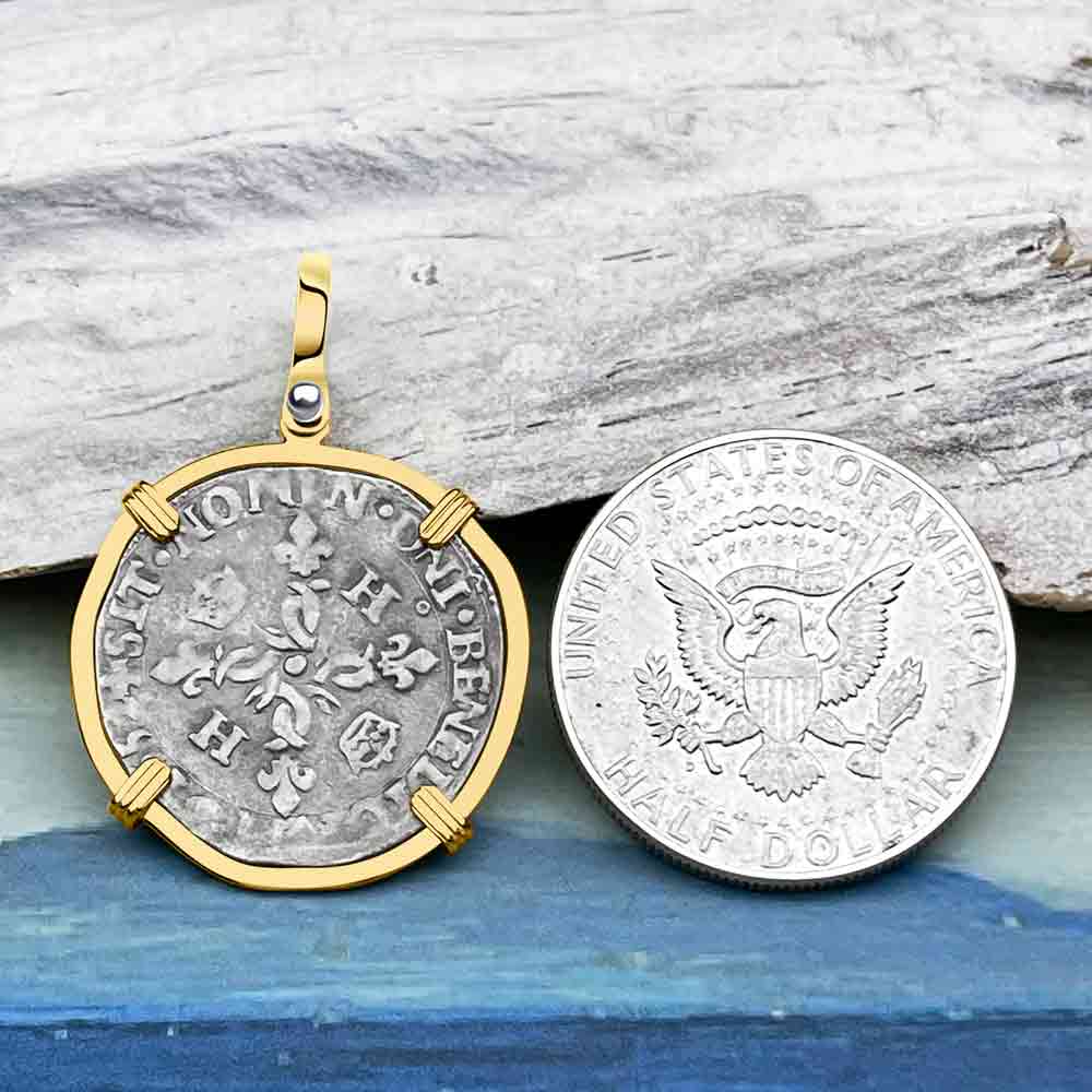 Medieval France 1552 Douzain aux Croissants Silver Cross Coin 14K Gold Pendant 