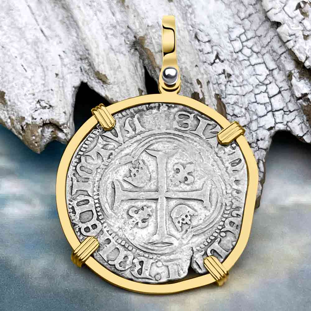 Medieval France circa 1450 Grand Blanc a la Couronne Silver Cross Coin 14K Gold Pendant