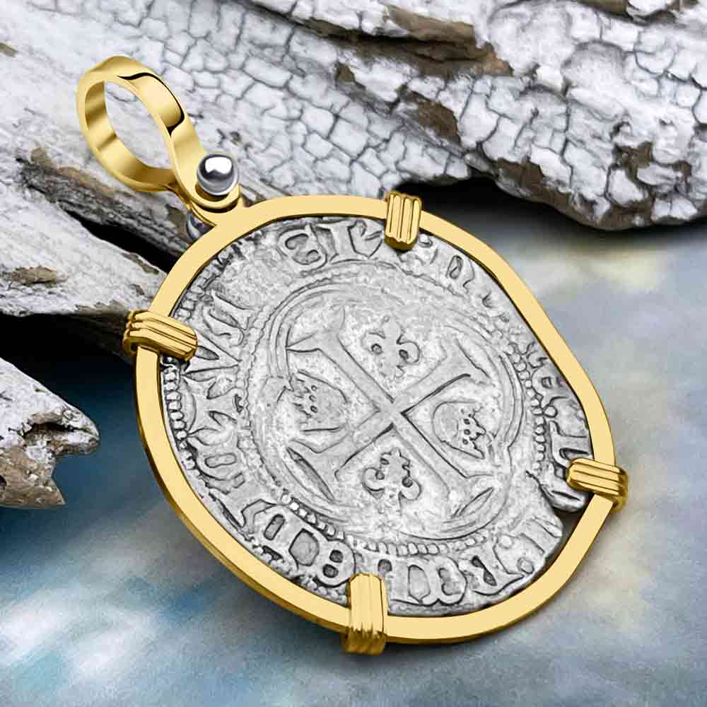 Medieval France circa 1450 Grand Blanc a la Couronne Silver Cross Coin 14K Gold Pendant