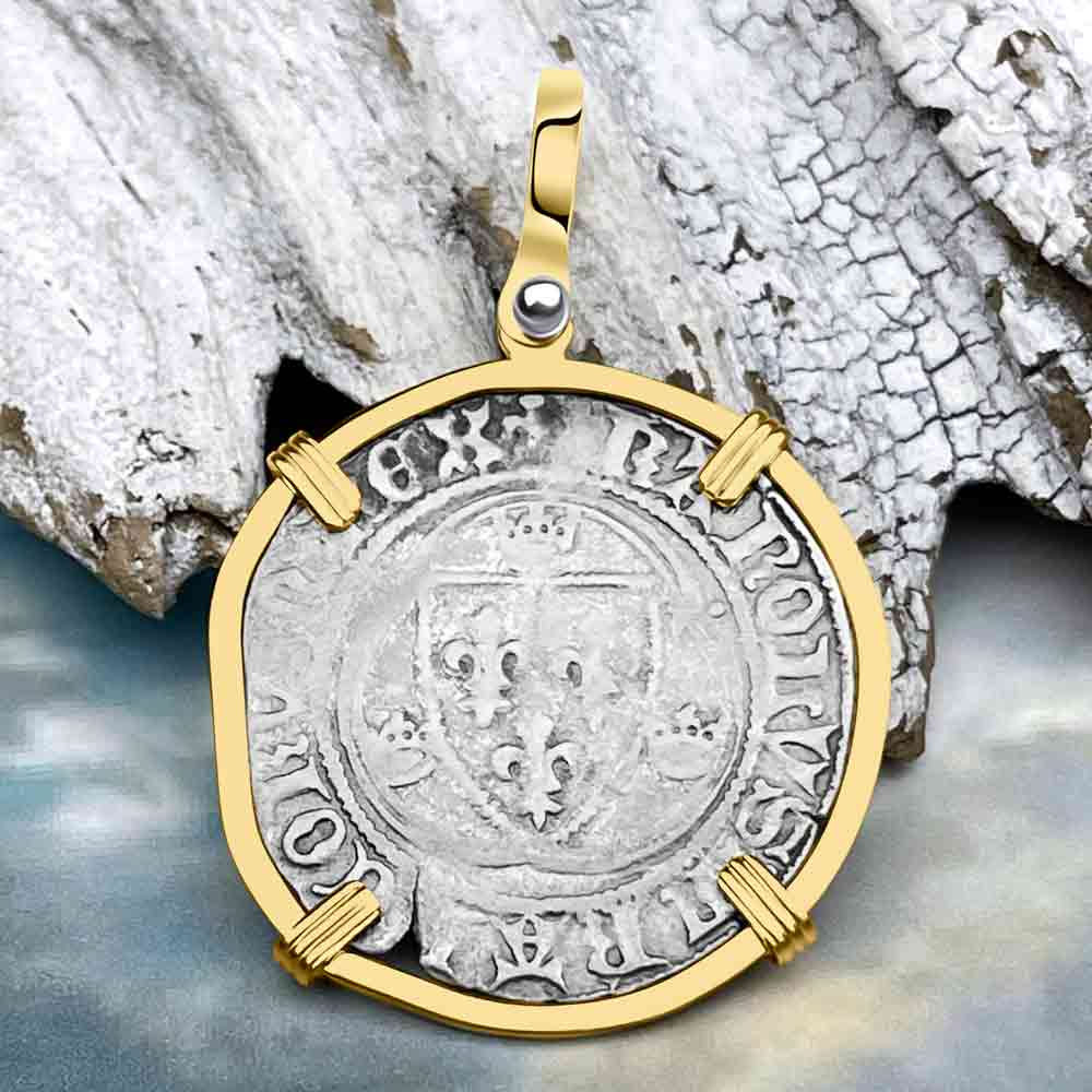 Medieval France circa 1450 Grand Blanc a la Couronne Silver Cross Coin 14K Gold Pendant