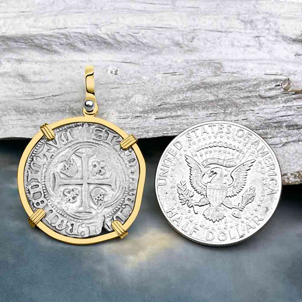 Medieval France circa 1450 Grand Blanc a la Couronne Silver Cross Coin 14K Gold Pendant