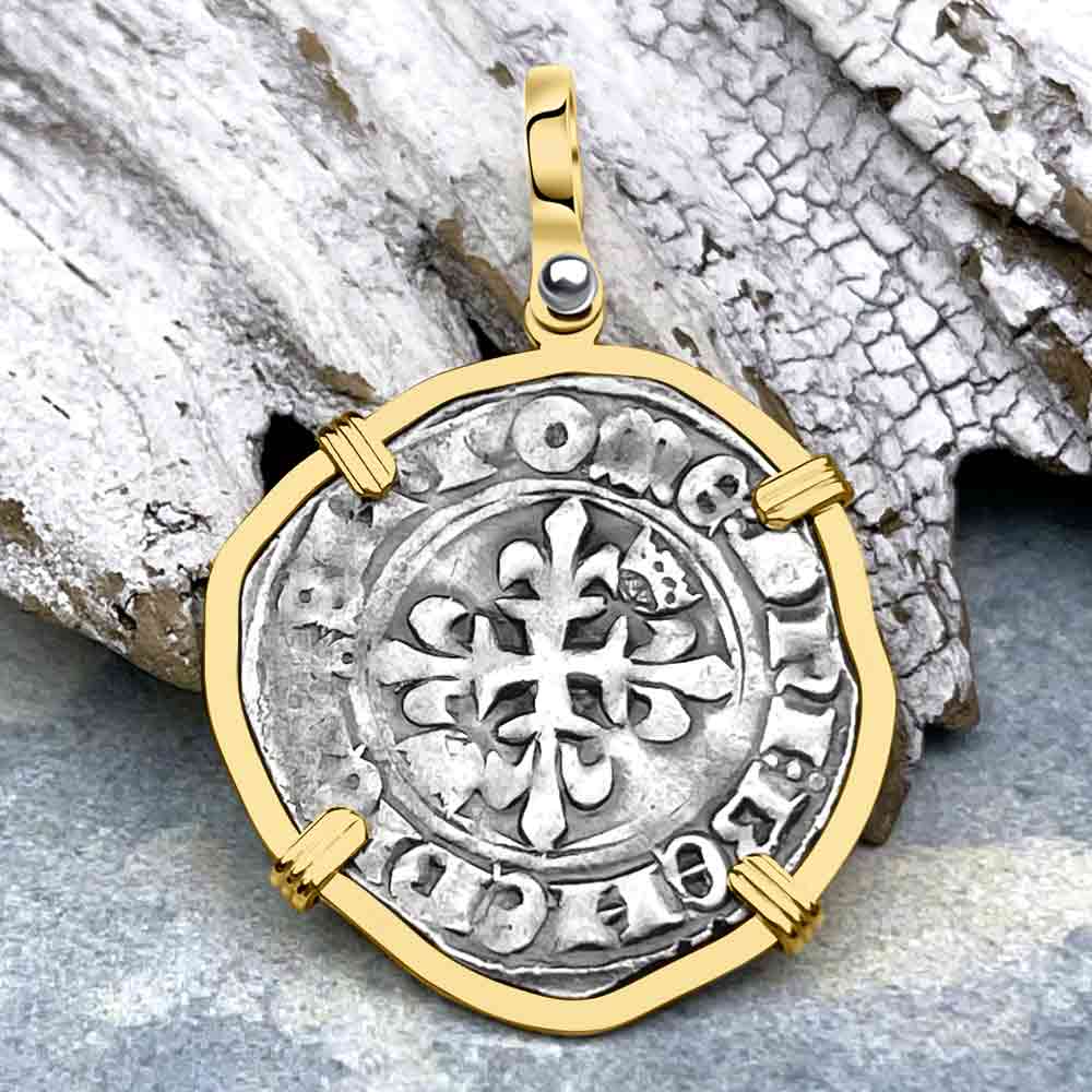 Medieval France circa 1417 Gros Florette Silver Cross Coin 14K Gold Pendant