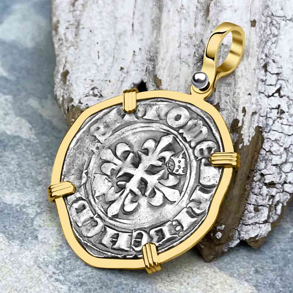 Medieval France circa 1417 Gros Florette Silver Cross Coin 14K Gold Pendant