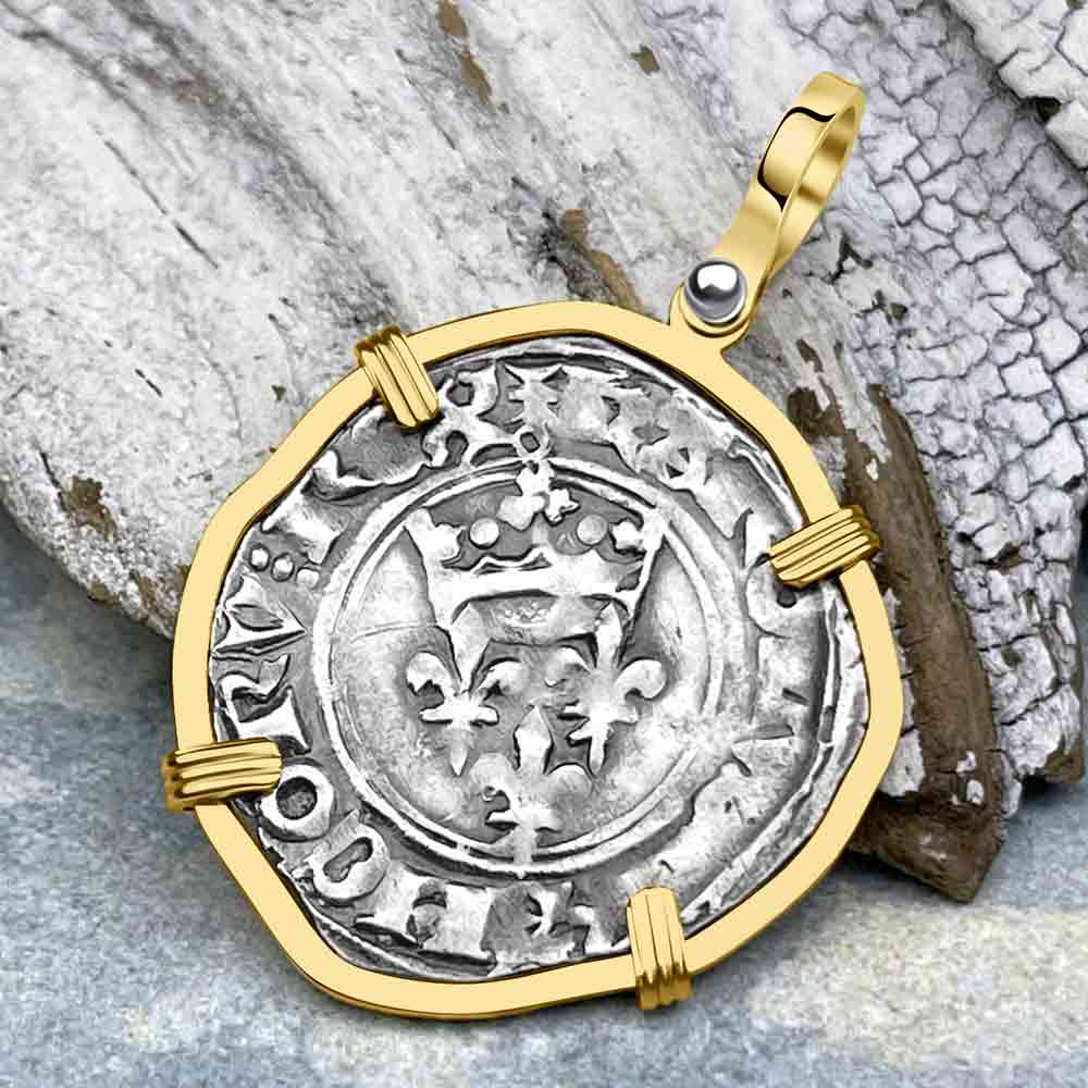 Medieval France circa 1417 Gros Florette Silver Cross Coin 14K Gold Pendant