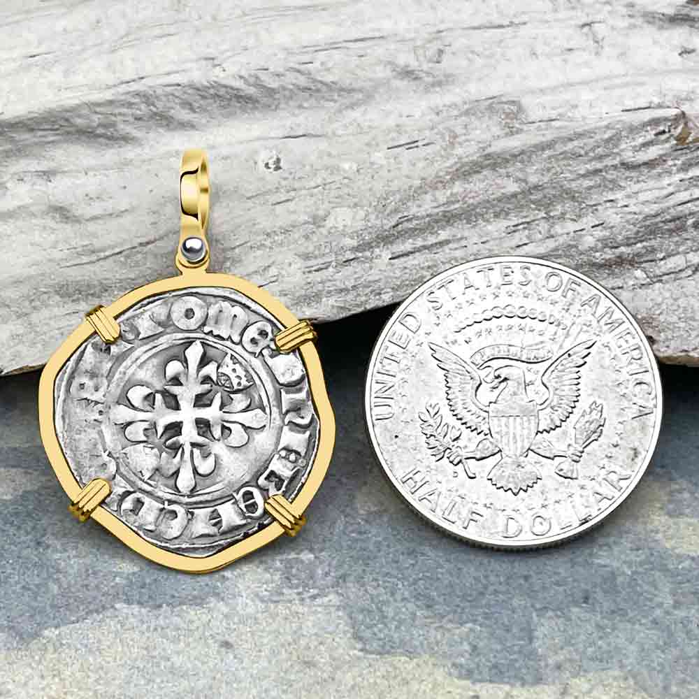 Medieval France circa 1417 Gros Florette Silver Cross Coin 14K Gold Pendant