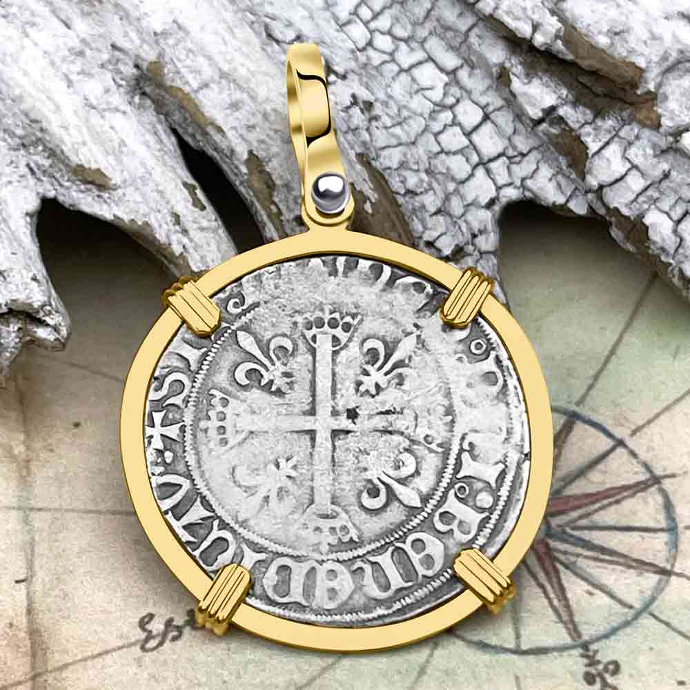 Medieval France circa 1488 Douzain Silver Cross Coin 14K Gold Pendant