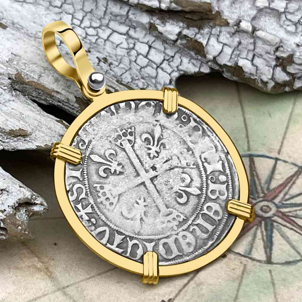 Medieval France circa 1488 Douzain Silver Cross Coin 14K Gold Pendant