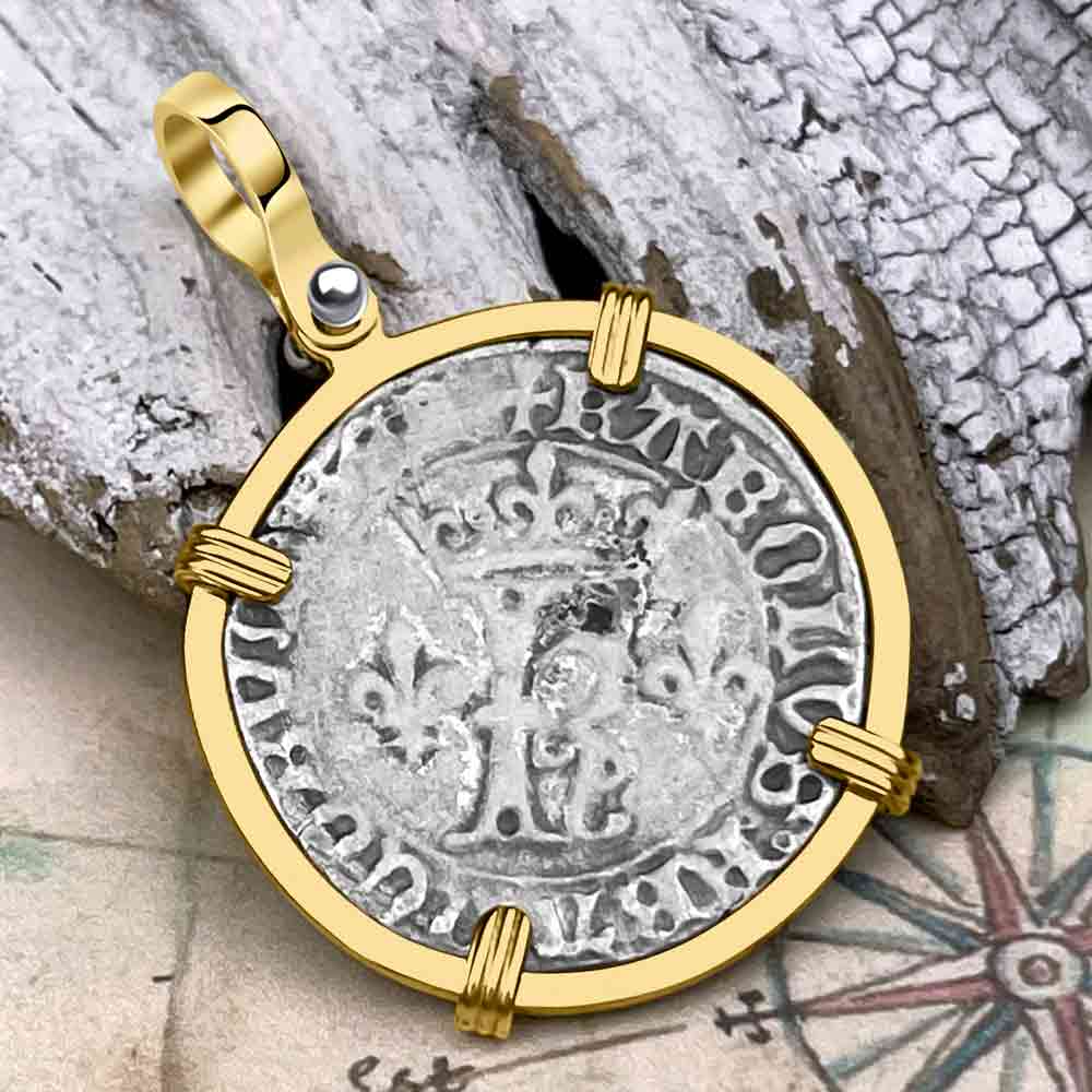 Medieval France circa 1488 Douzain Silver Cross Coin 14K Gold Pendant