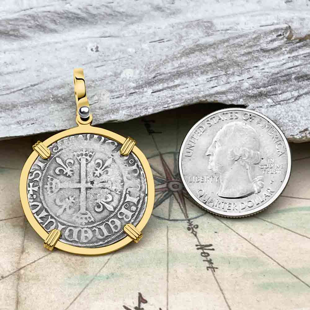 Medieval France circa 1488 Douzain Silver Cross Coin 14K Gold Pendant