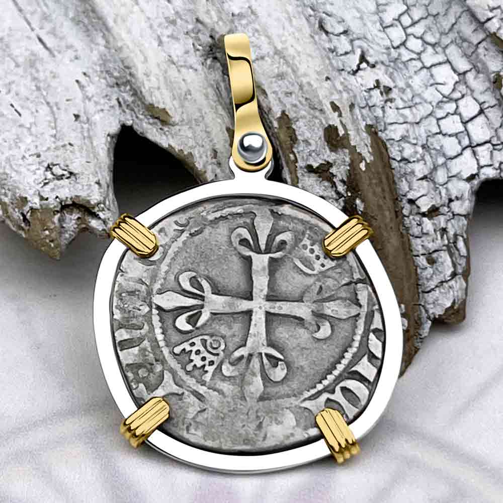 Medieval France circa 1417 Gros Florette Silver Cross Coin 14K Gold &amp; Sterling Silver Pendant