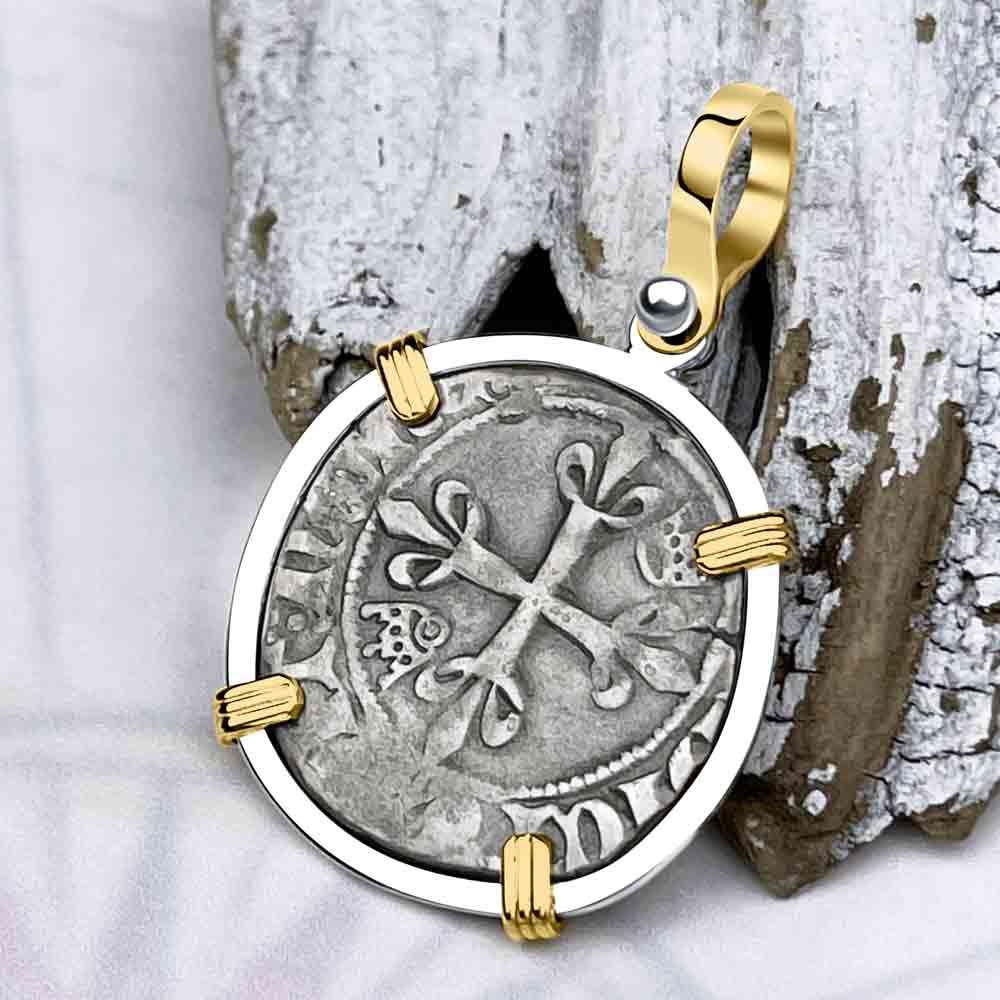 Medieval France circa 1417 Gros Florette Silver Cross Coin 14K Gold &amp; Sterling Silver Pendant