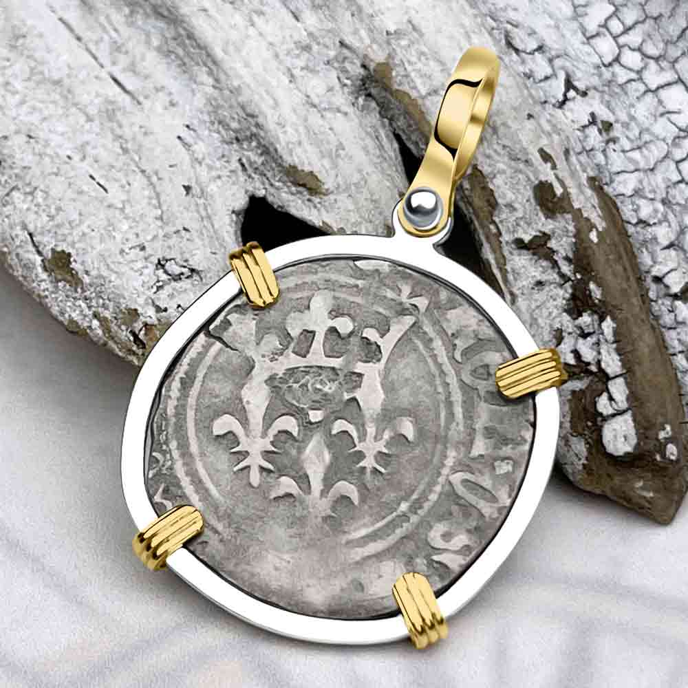 Medieval France circa 1417 Gros Florette Silver Cross Coin 14K Gold &amp; Sterling Silver Pendant