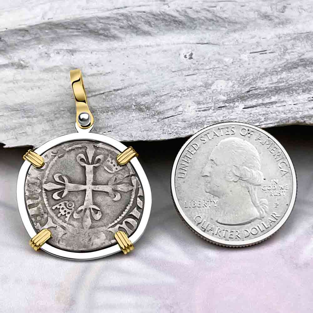 Medieval France circa 1417 Gros Florette Silver Cross Coin 14K Gold &amp; Sterling Silver Pendant