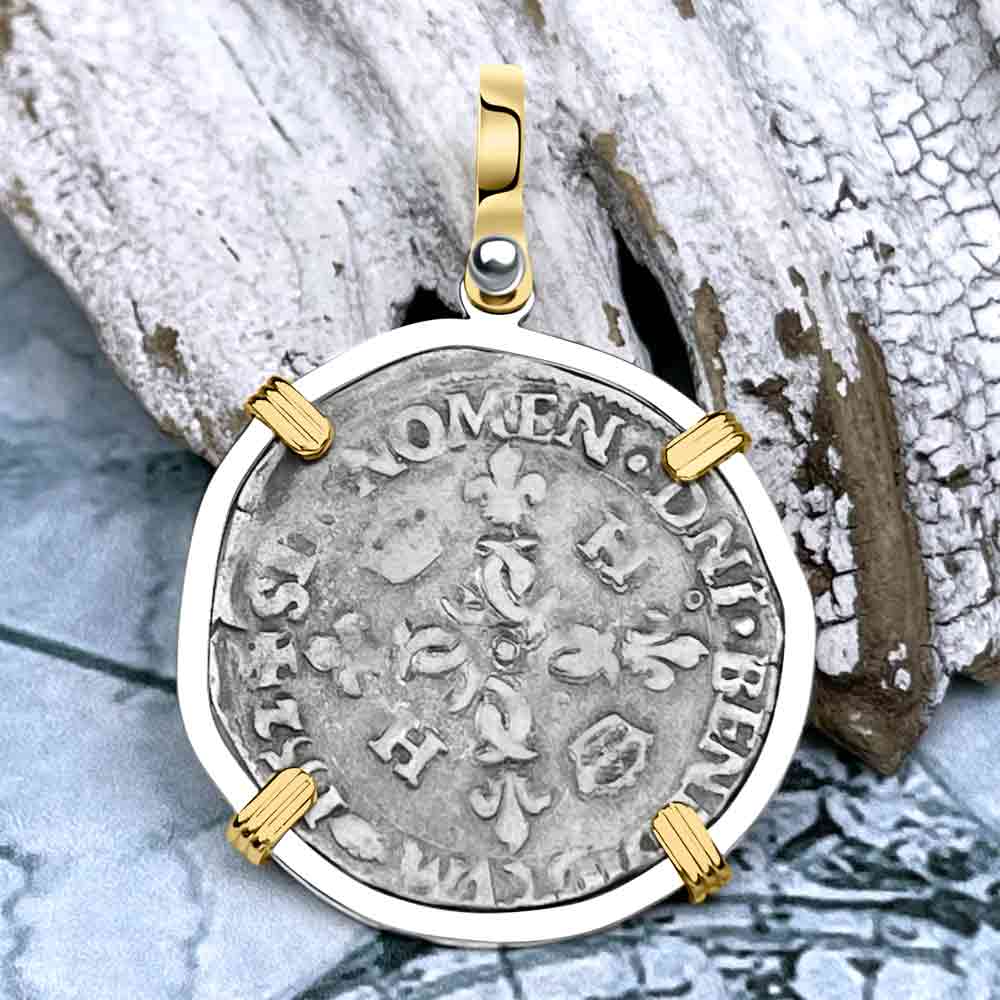 Medieval France 1552 Douzain aux Croissants Silver Cross Coin 14K Gold &amp; Sterling Silver Pendant