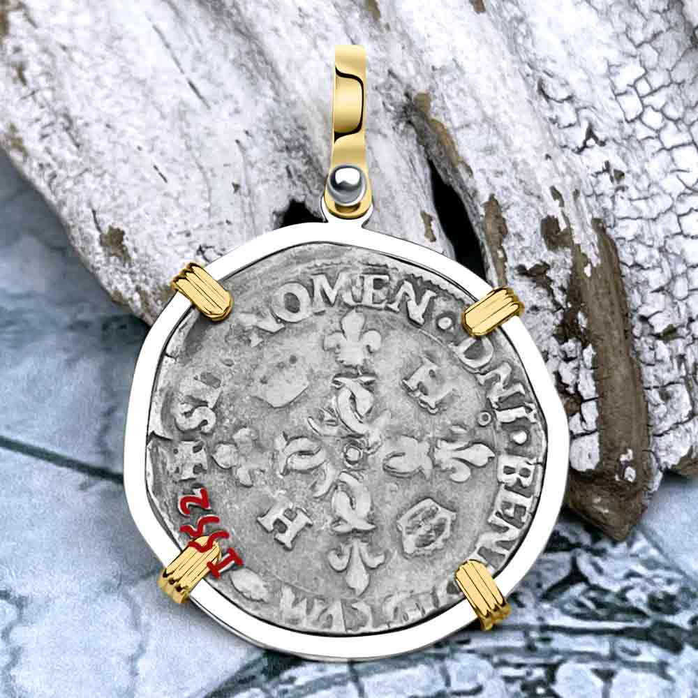 Medieval France 1552 Douzain aux Croissants Silver Cross Coin 14K Gold &amp; Sterling Silver Pendant