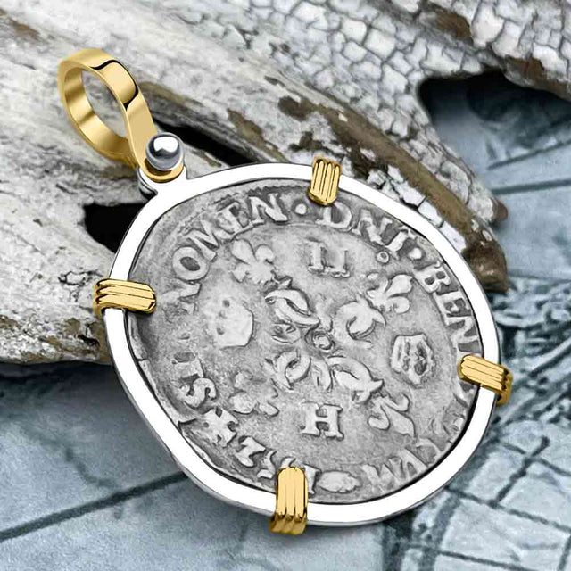 Medieval France 1552 Douzain aux Croissants Silver Cross Coin 14K Gold & Sterling Silver Pendant