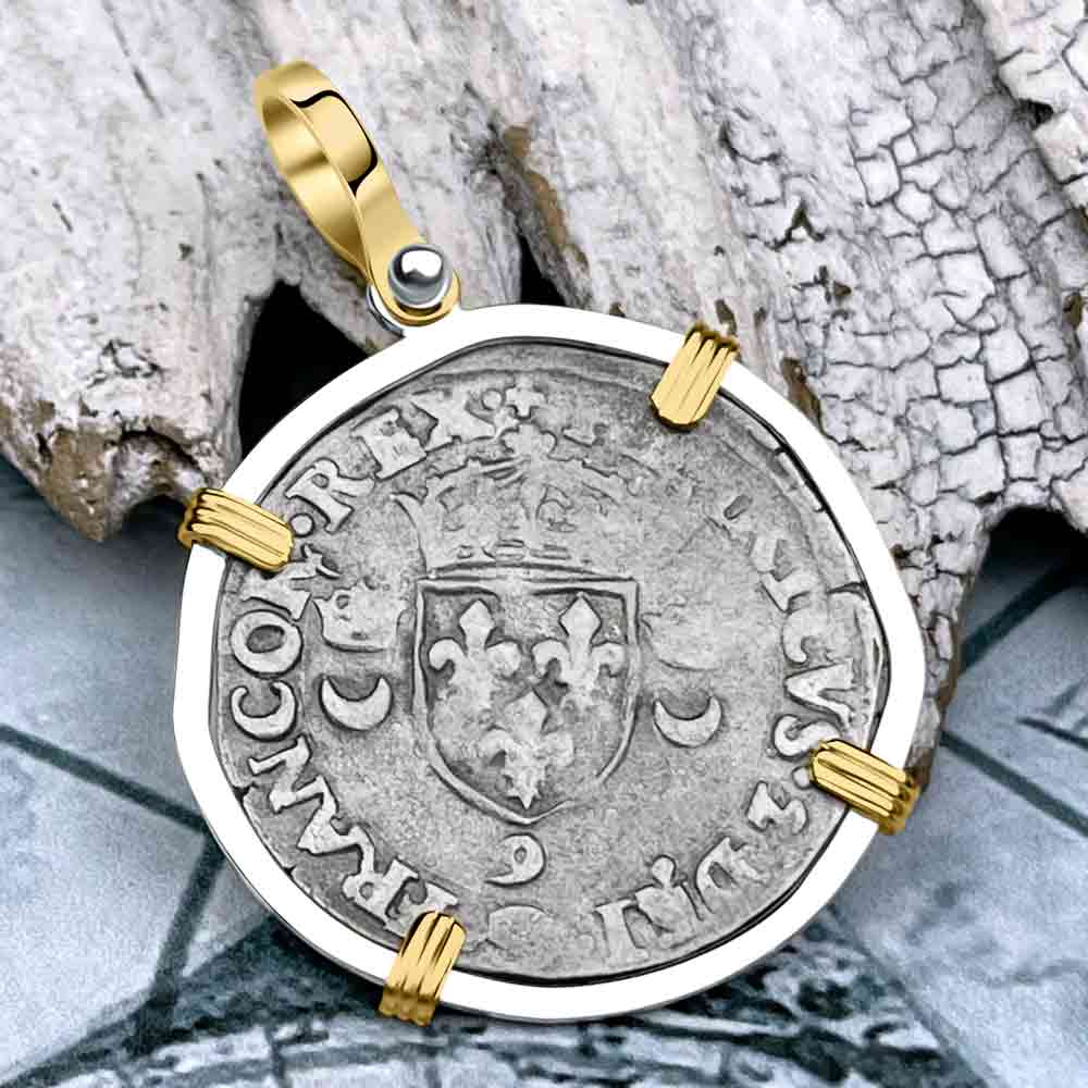 Medieval France 1552 Douzain aux Croissants Silver Cross Coin 14K Gold &amp; Sterling Silver Pendant