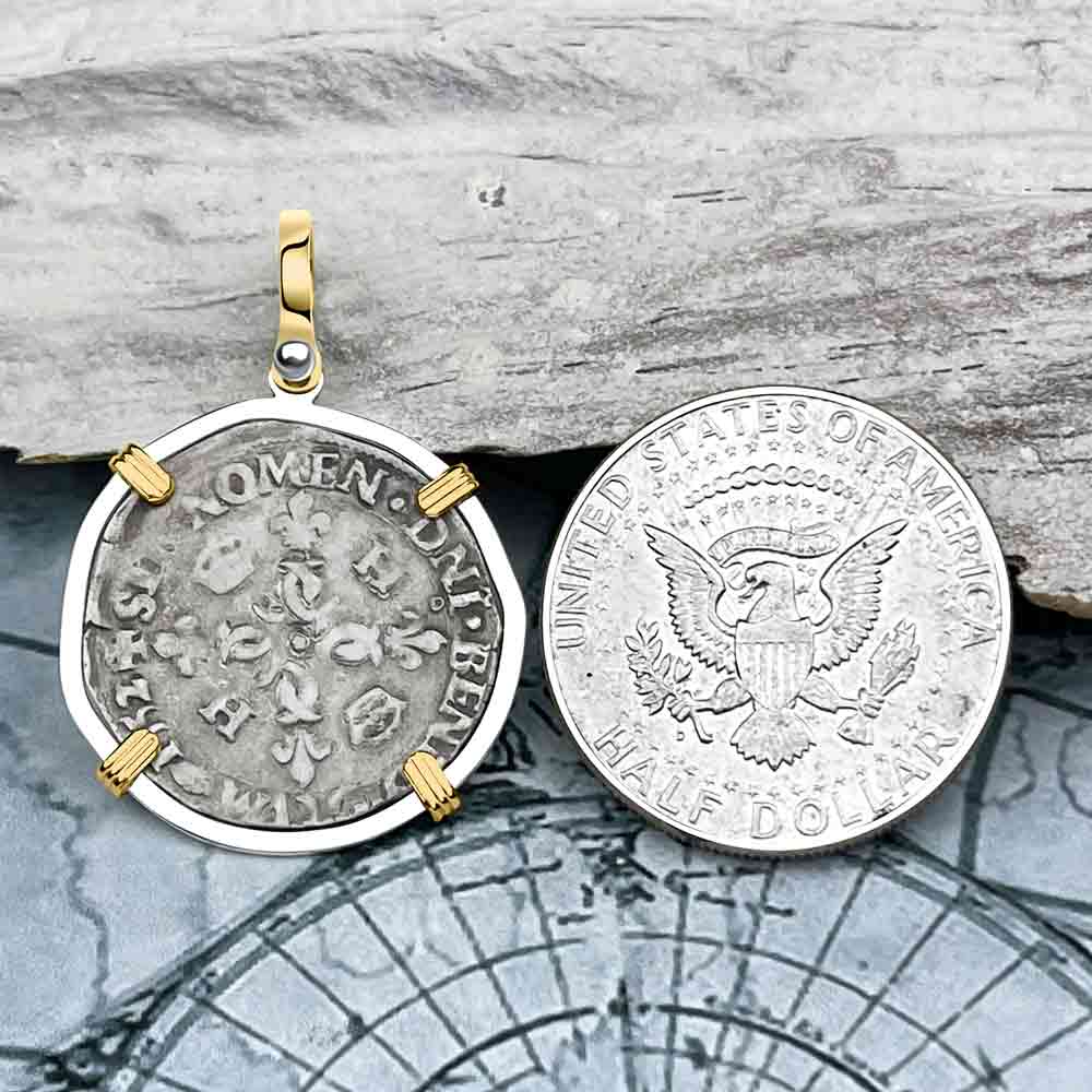 Medieval France 1552 Douzain aux Croissants Silver Cross Coin 14K Gold &amp; Sterling Silver Pendant