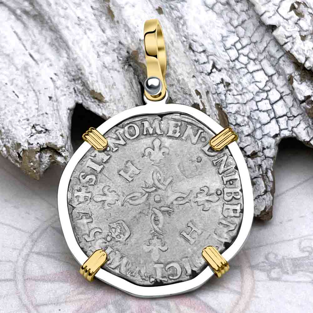 Medieval France 1554 Douzain aux Croissants Silver Cross Coin 14K Gold &amp; Sterling Silver Pendant