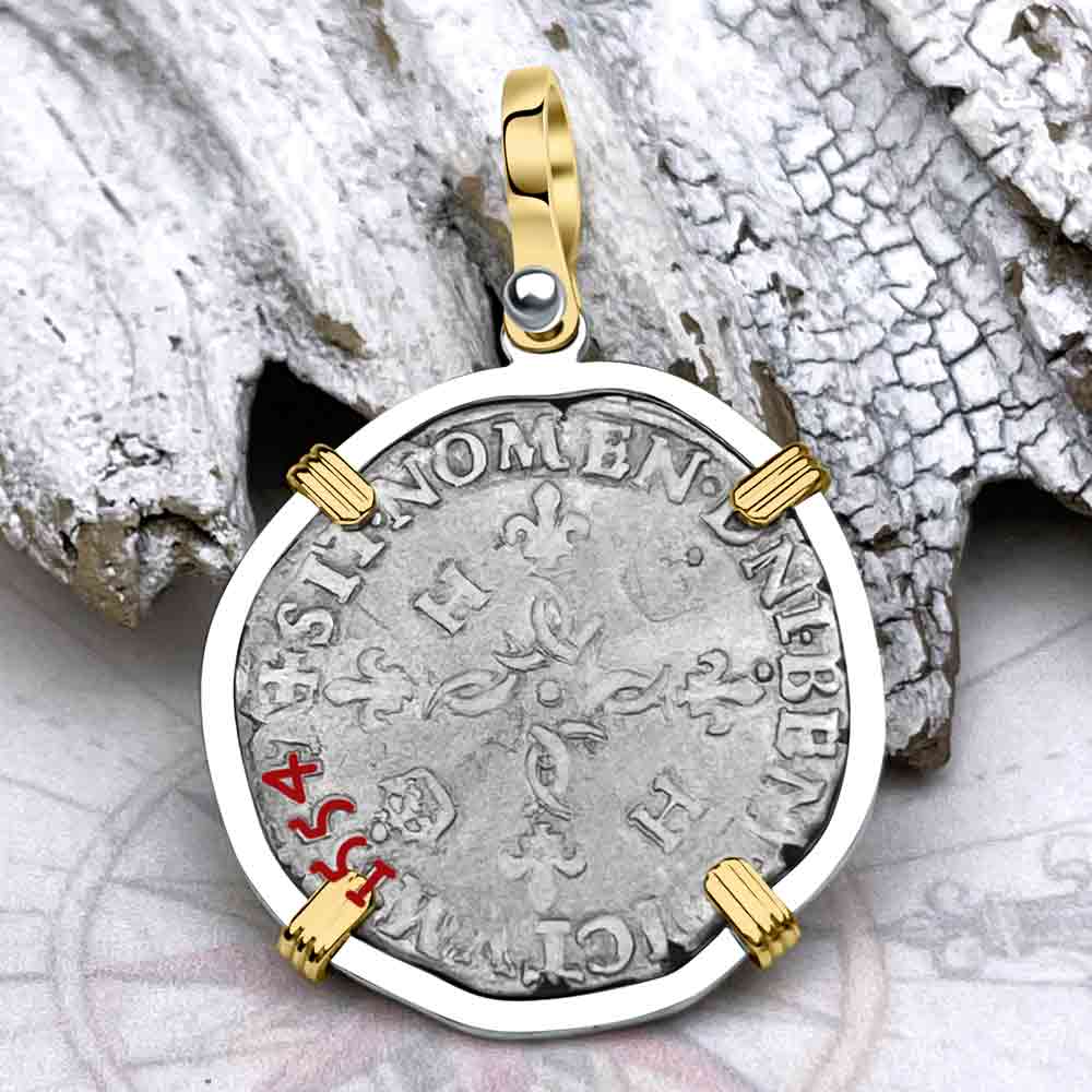 Medieval France 1554 Douzain aux Croissants Silver Cross Coin 14K Gold &amp; Sterling Silver Pendant