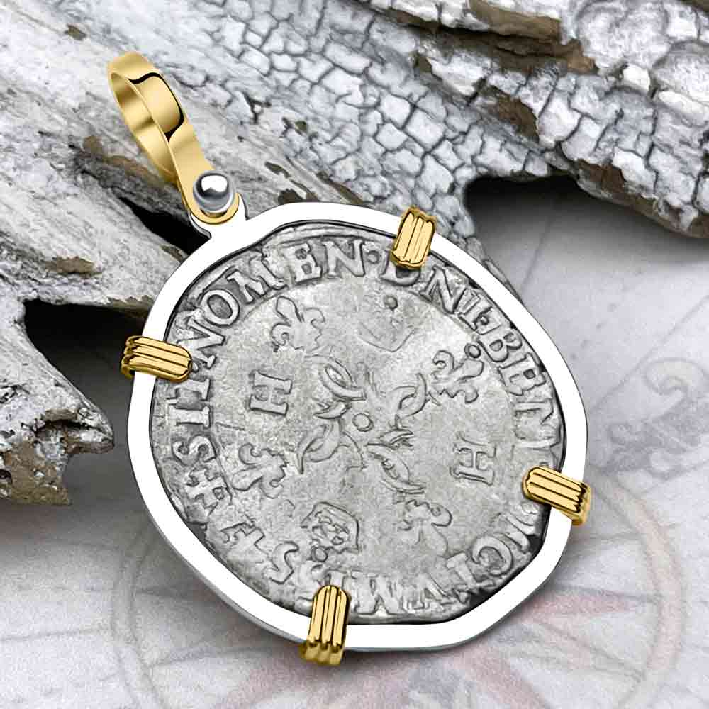 Medieval France 1554 Douzain aux Croissants Silver Cross Coin 14K Gold &amp; Sterling Silver Pendant