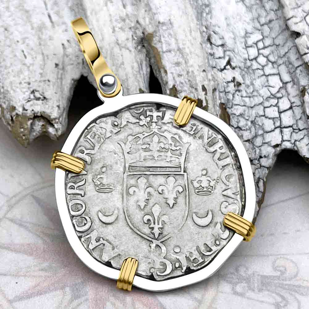 Medieval France 1554 Douzain aux Croissants Silver Cross Coin 14K Gold &amp; Sterling Silver Pendant