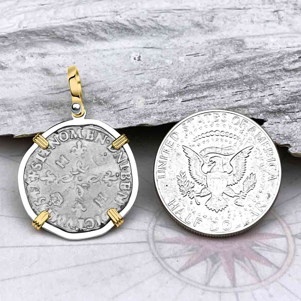 Medieval France 1554 Douzain aux Croissants Silver Cross Coin 14K Gold &amp; Sterling Silver Pendant