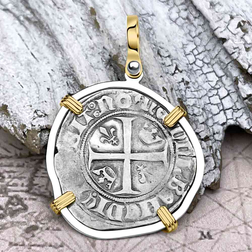 Medieval France circa 1390 Silver Blanc Guenar Crusader Cross Coin 14K Gold &amp; Sterling Silver Pendant