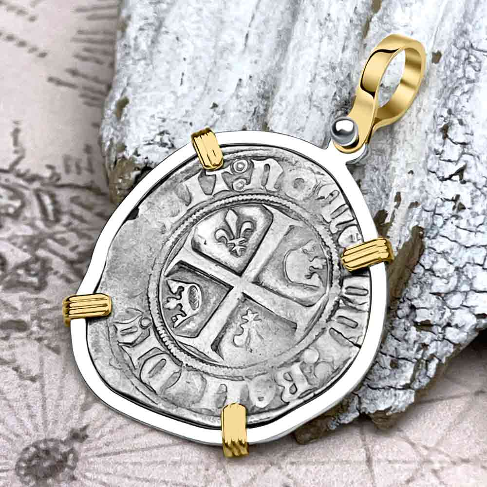 Medieval France circa 1390 Silver Blanc Guenar Crusader Cross Coin 14K Gold &amp; Sterling Silver Pendant