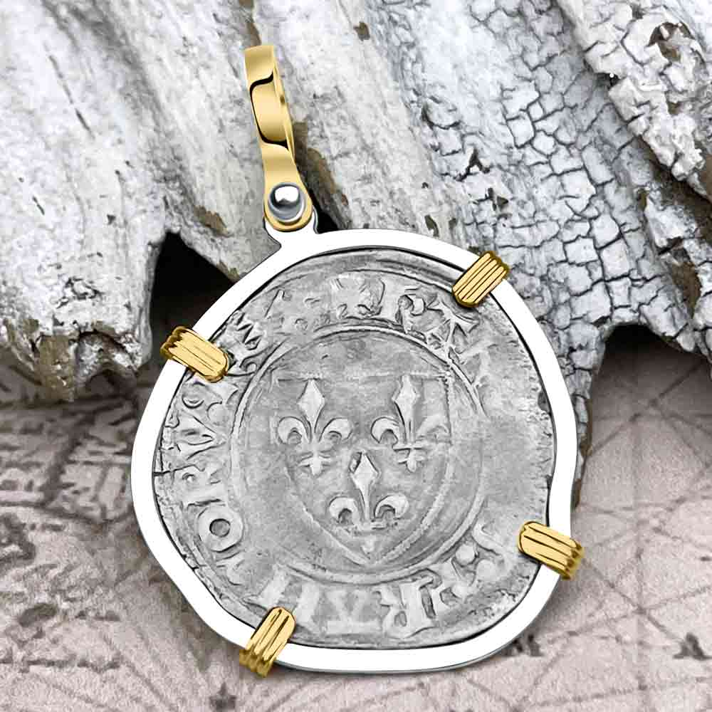 Medieval France circa 1390 Silver Blanc Guenar Crusader Cross Coin 14K Gold &amp; Sterling Silver Pendant