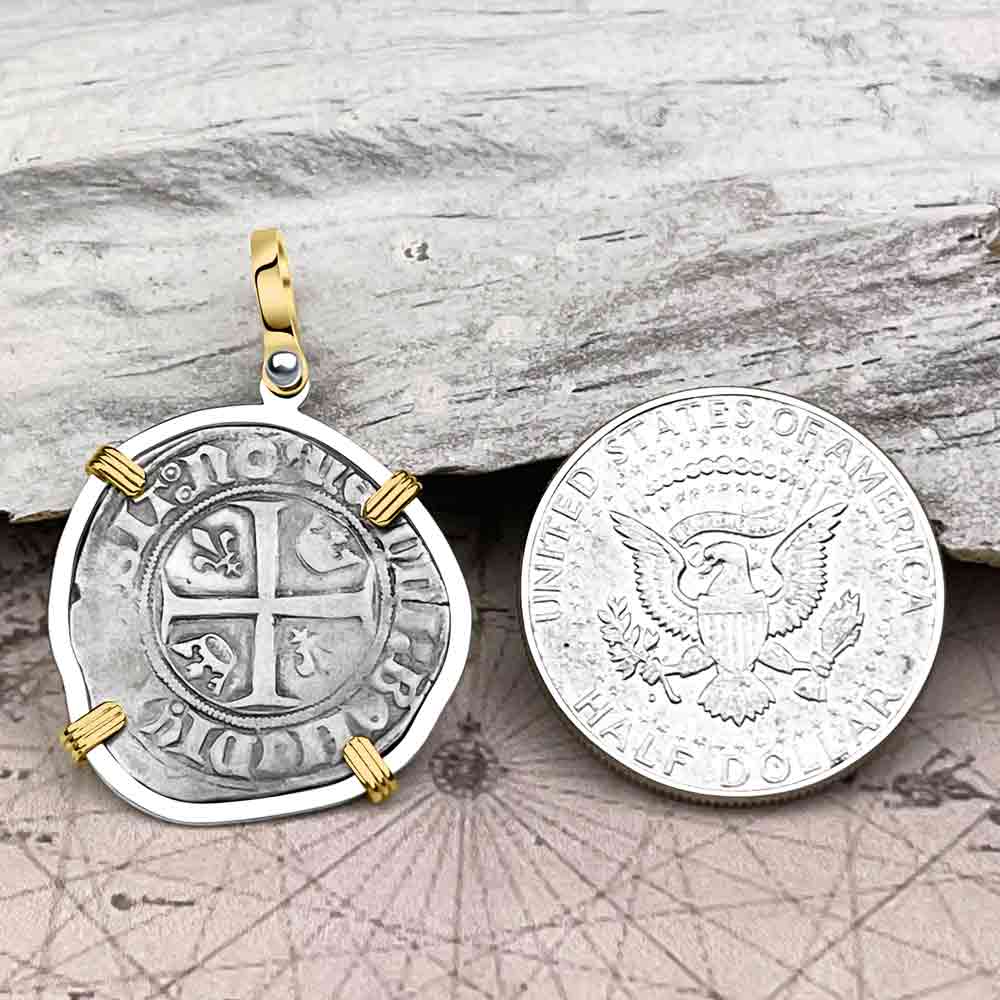 Medieval France circa 1390 Silver Blanc Guenar Crusader Cross Coin 14K Gold &amp; Sterling Silver Pendant