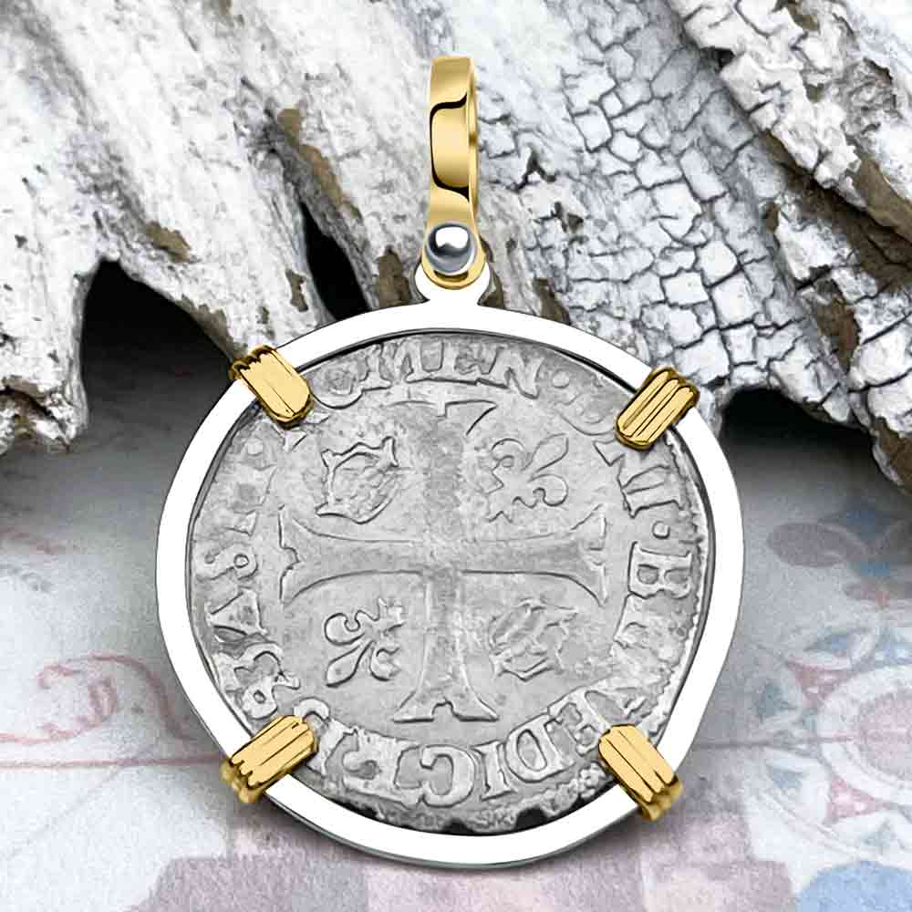 Medieval France 1593 Silver Douzain Crusader Cross Coin 14K Gold &amp; Sterling Silver Pendant | Artifact #8605