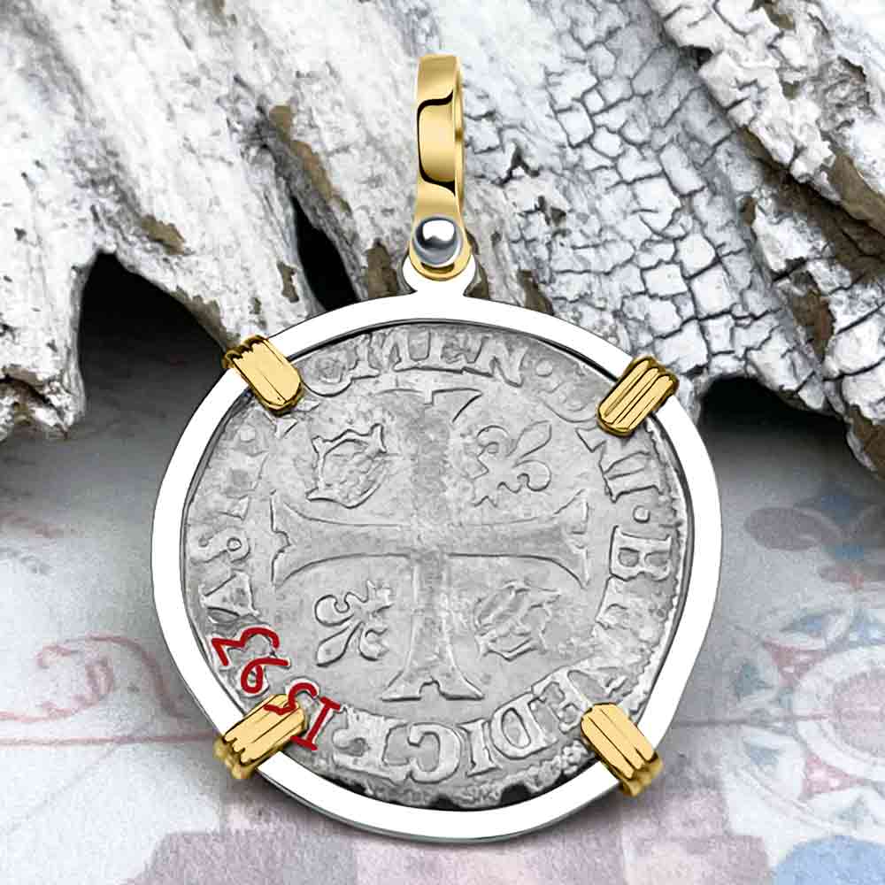 Medieval France 1593 Silver Douzain Crusader Cross Coin 14K Gold &amp; Sterling Silver Pendant | Artifact #8605