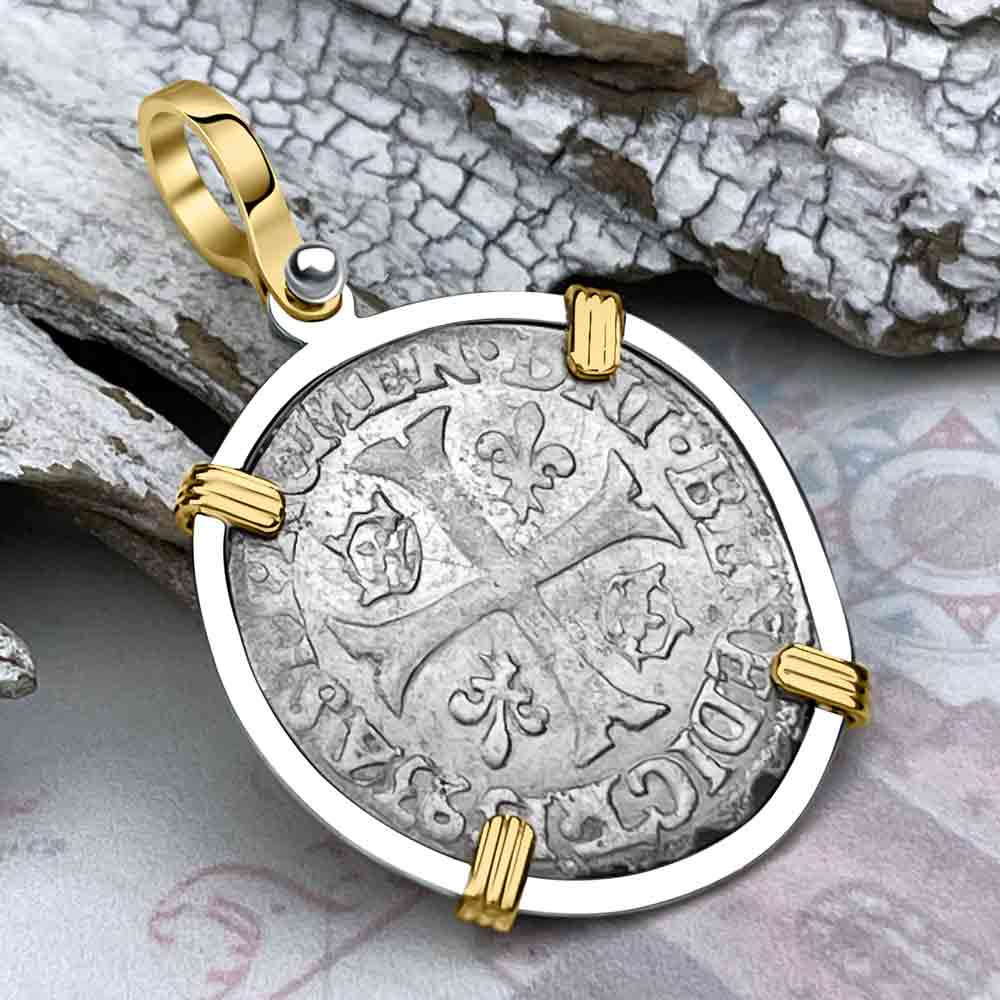 Medieval France 1593 Silver Douzain Crusader Cross Coin 14K Gold &amp; Sterling Silver Pendant | Artifact #8605