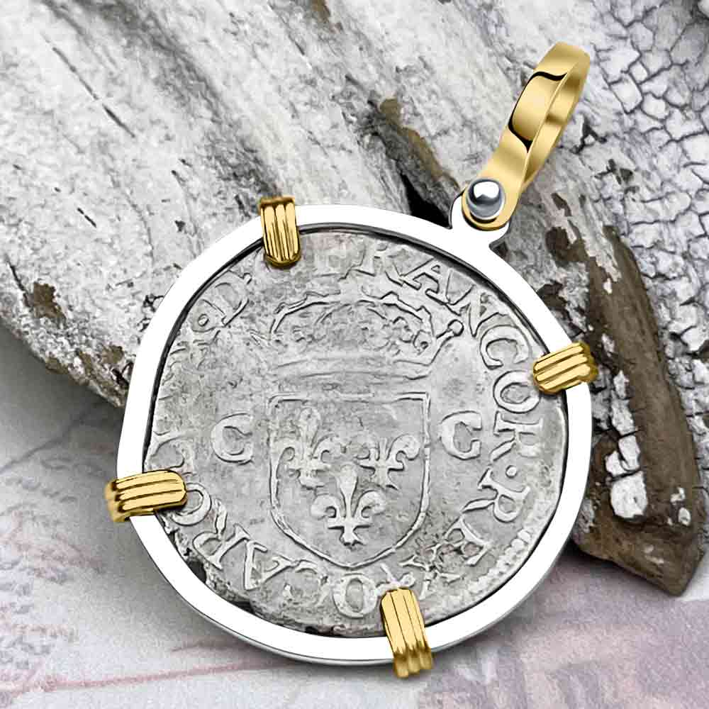 Medieval France 1593 Silver Douzain Crusader Cross Coin 14K Gold &amp; Sterling Silver Pendant | Artifact #8605