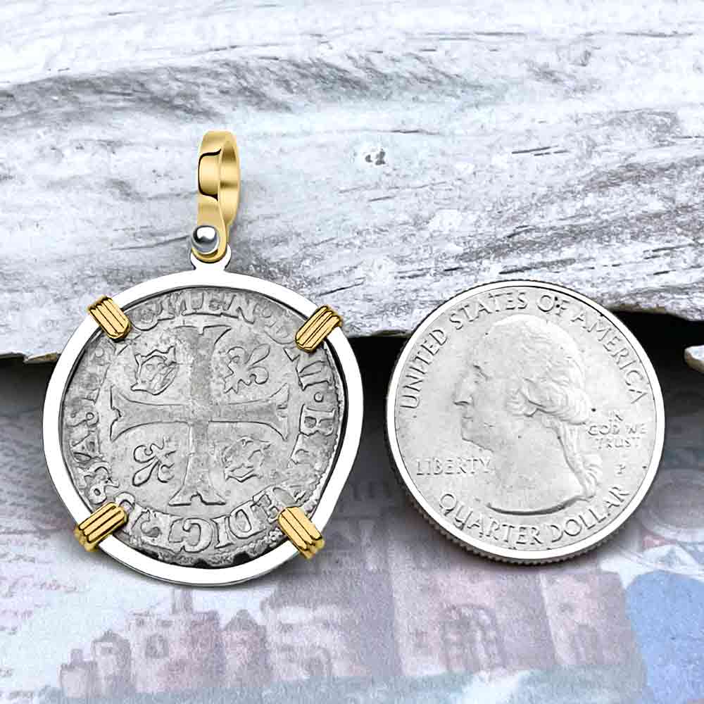 Medieval France 1593 Silver Douzain Crusader Cross Coin 14K Gold &amp; Sterling Silver Pendant | Artifact #8605