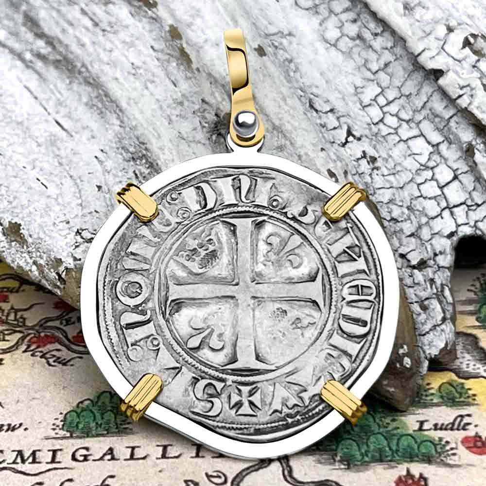 Medieval France circa 1390 Silver Blanc Guenar Crusader Cross Coin 14K Gold &amp; Sterling Silver Pendant