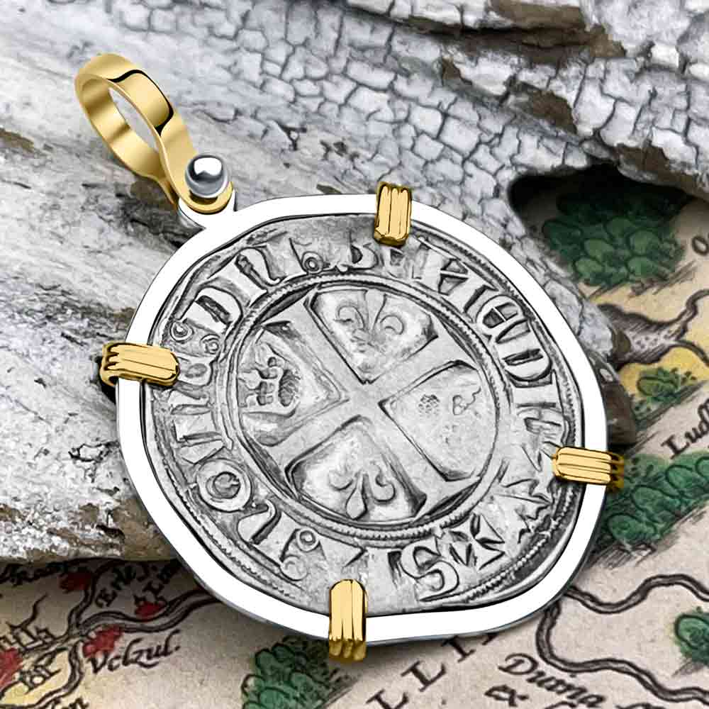 Medieval France circa 1390 Silver Blanc Guenar Crusader Cross Coin 14K Gold &amp; Sterling Silver Pendant