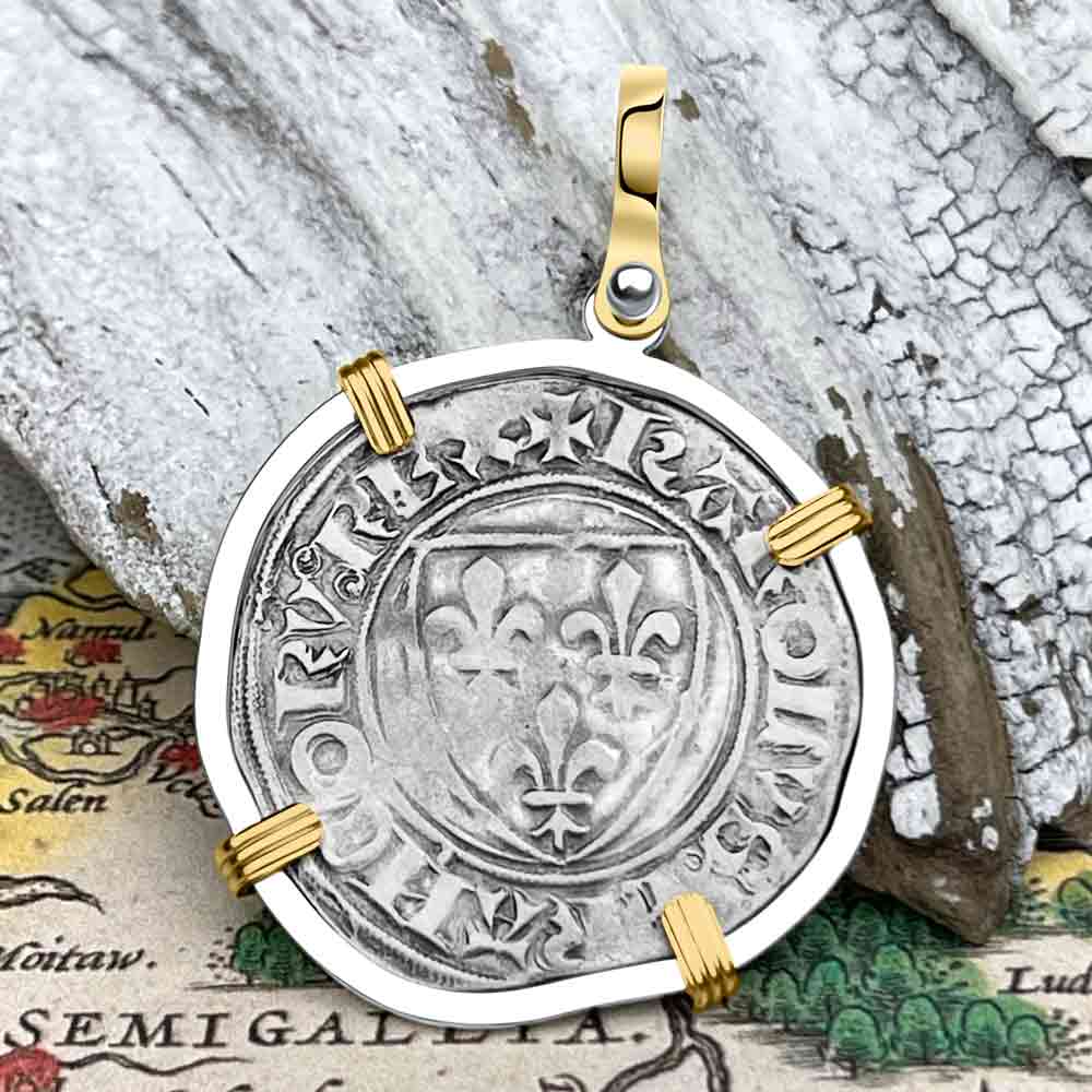 Medieval France circa 1390 Silver Blanc Guenar Crusader Cross Coin 14K Gold &amp; Sterling Silver Pendant