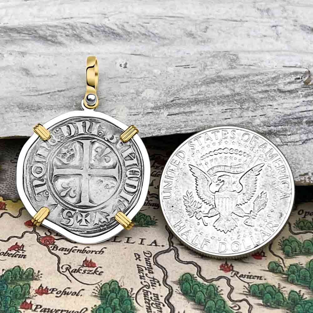 Medieval France circa 1390 Silver Blanc Guenar Crusader Cross Coin 14K Gold &amp; Sterling Silver Pendant