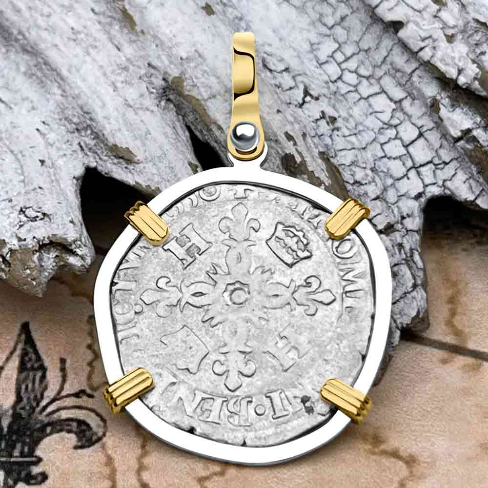 Medieval France 1550 Douzain aux Croissants Silver Cross Coin 14K Gold & Sterling Silver Pendant