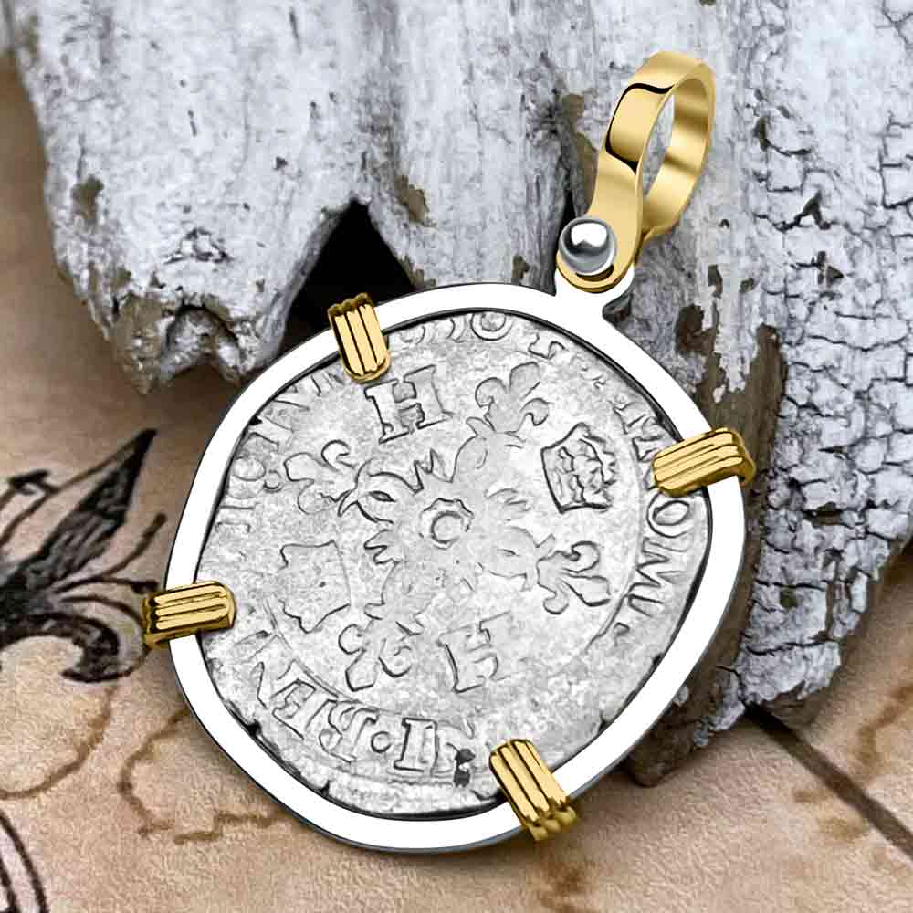 Medieval France 1550 Douzain aux Croissants Silver Cross Coin 14K Gold &amp; Sterling Silver Pendant