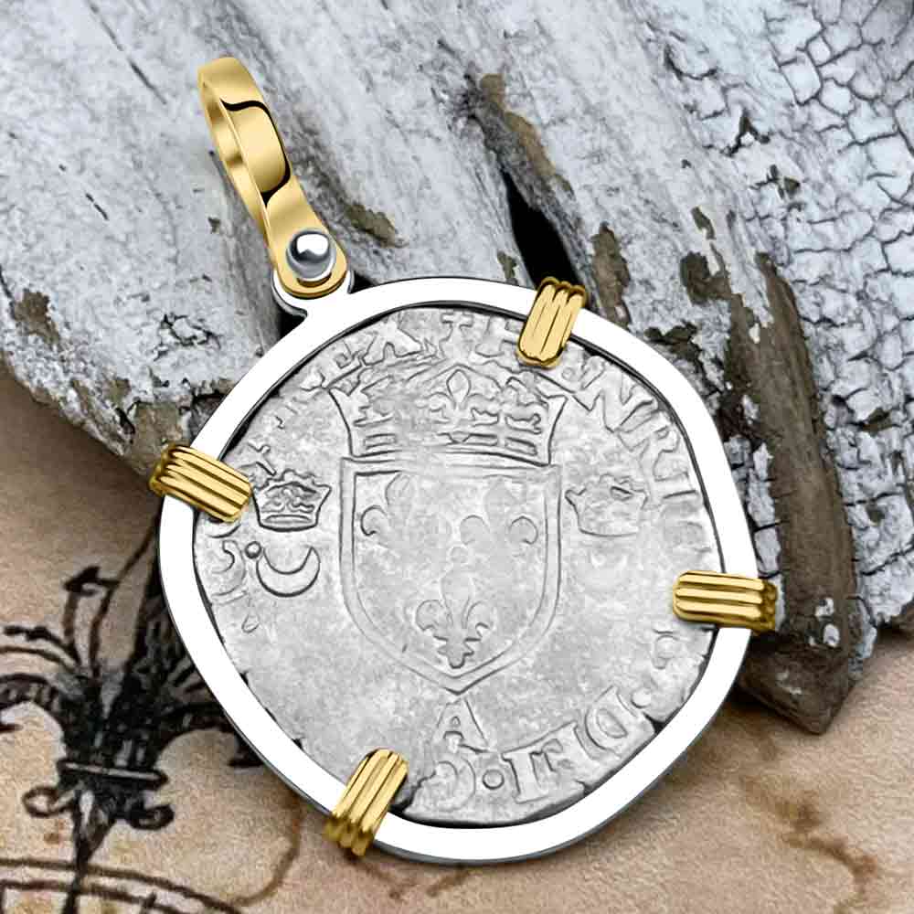 Medieval France 1550 Douzain aux Croissants Silver Cross Coin 14K Gold &amp; Sterling Silver Pendant