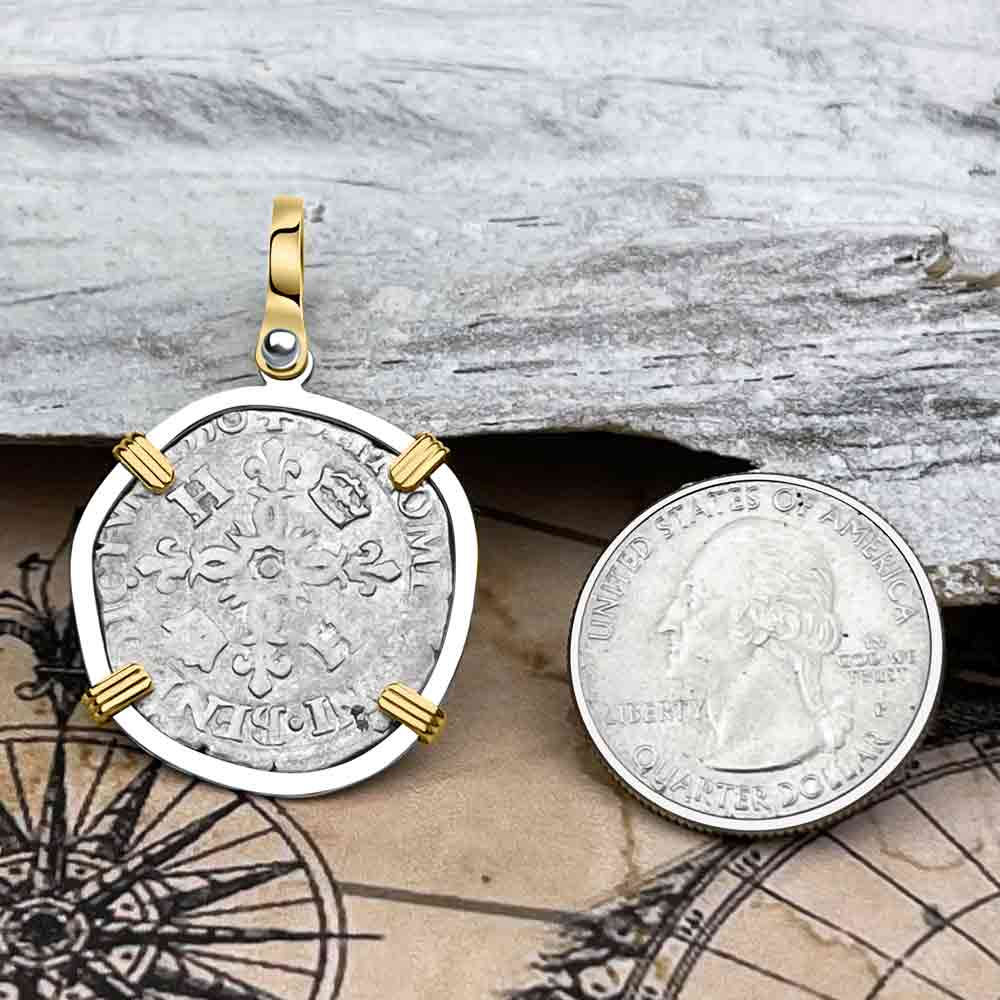 Medieval France 1550 Douzain aux Croissants Silver Cross Coin 14K Gold &amp; Sterling Silver Pendant