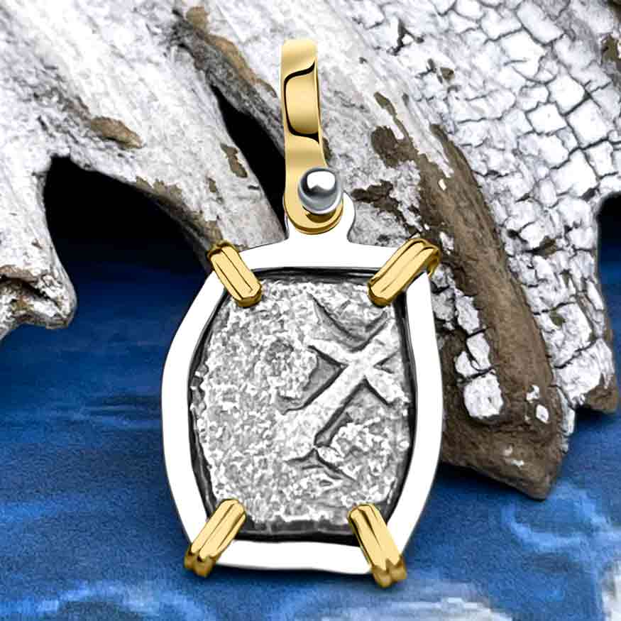 1715 Fleet Golden Age of Piracy Shipwreck Spanish 1 Reale &quot;Piece of 8&quot; 14K Gold &amp; Sterling Silver Pendant