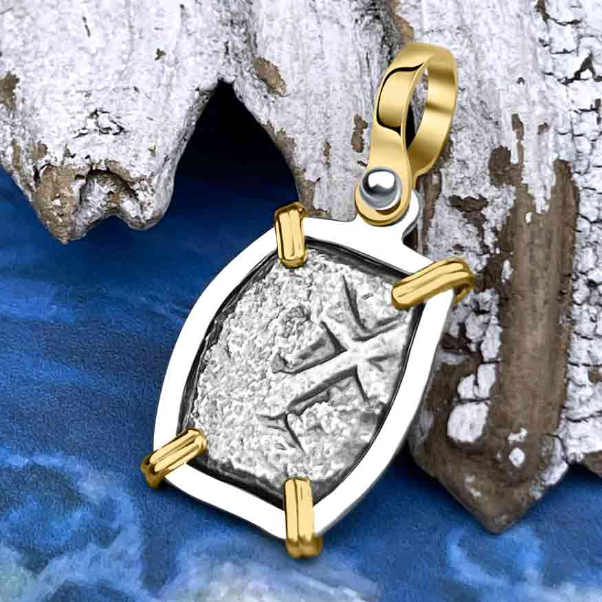 1715 Fleet Golden Age of Piracy Shipwreck Spanish 1 Reale &quot;Piece of 8&quot; 14K Gold &amp; Sterling Silver Pendant