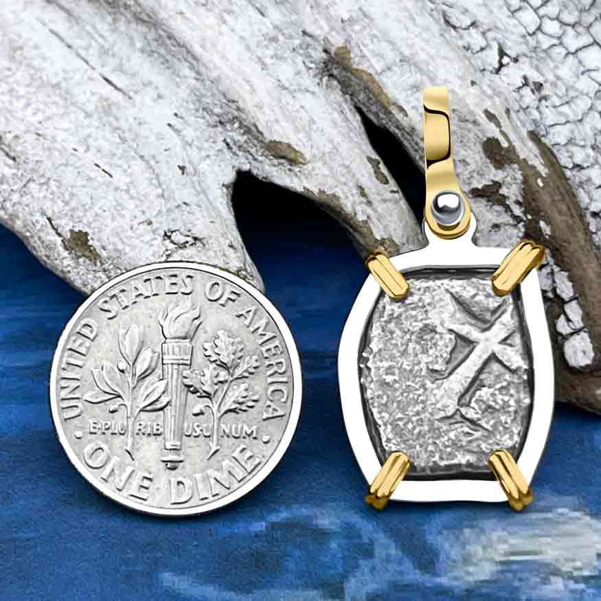 1715 Fleet Golden Age of Piracy Shipwreck Spanish 1 Reale &quot;Piece of 8&quot; 14K Gold &amp; Sterling Silver Pendant