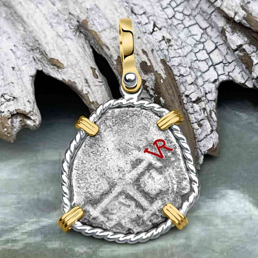 Dated 1715 Fleet Golden Age of Piracy Shipwreck Spanish 1 Reale &quot;Piece of 8&quot; 14K Gold and Sterling Silver Pendant 